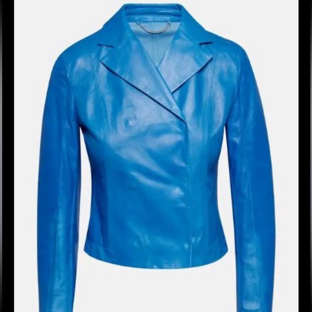 Authentic Ferragamo Women's Blue Leather Jacket Sz 38